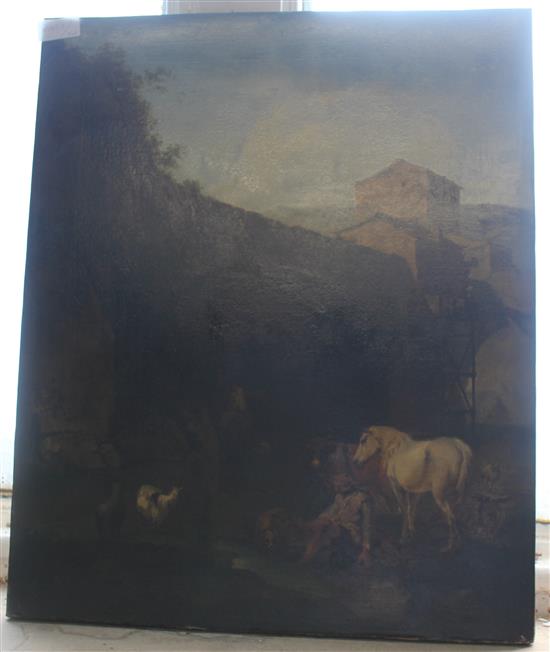 18th century Dutch School, unframed oil on canvas, figures with goats and cows and a horse watering beneath a bridge